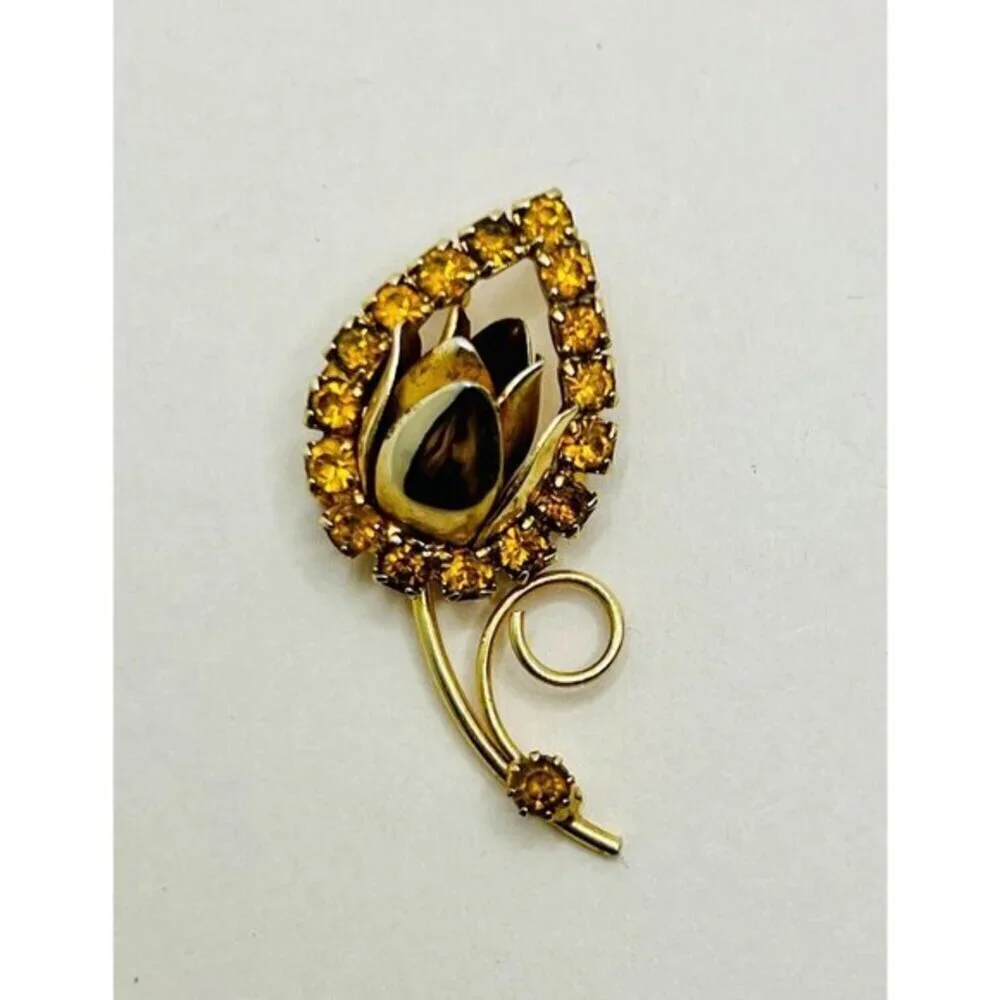 Rare Tulip Peach Rhinestone Brooch Vintage Three Dimensional Art Nouveau
